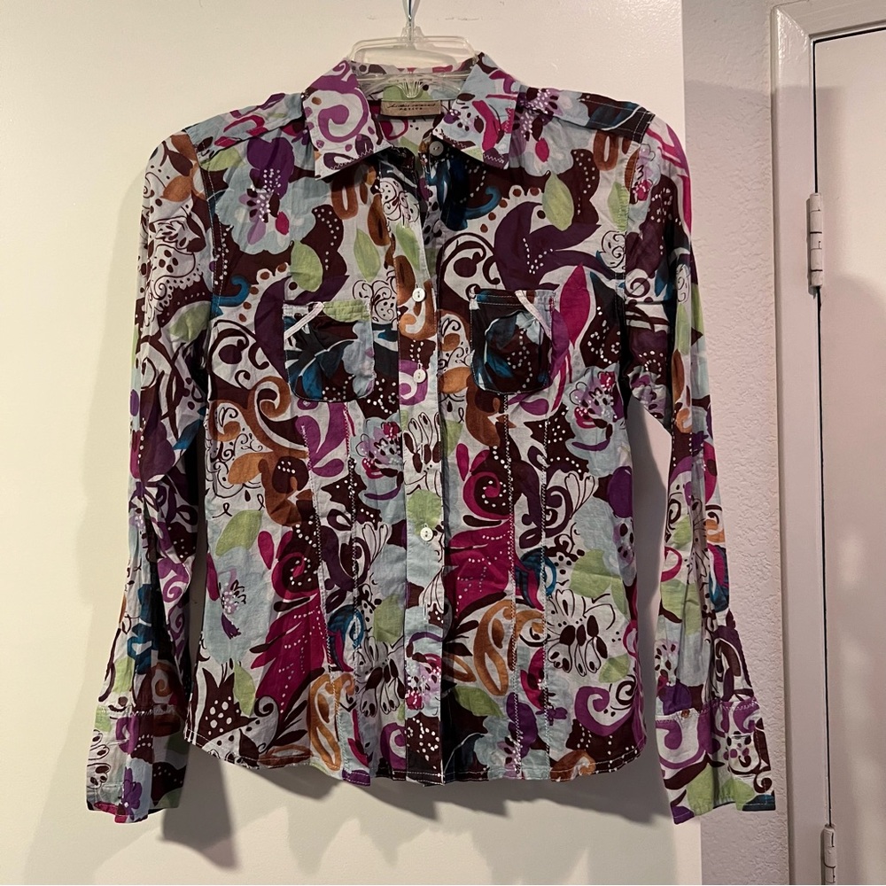 Button-Up Floral Print Blouse in Purple Multi